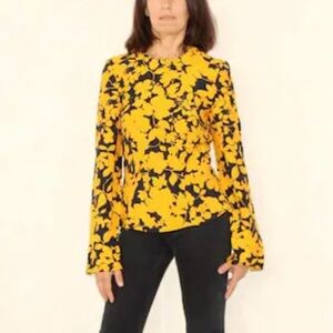 ZARA Floral, Navy Blue And Yellow Blouse